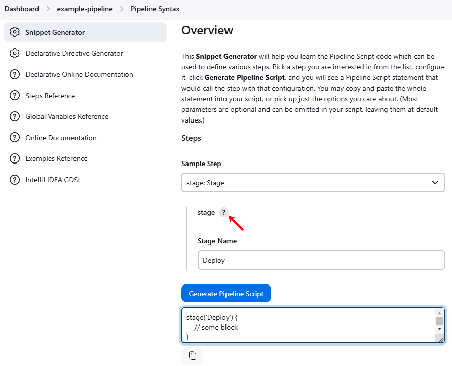 Jenkins Classic UI for 'example-pipeline', showing the Pipeline Syntax page with the Snippet Generator tab selected. The snippet generated for the stage named 'Deploy' is displayed in the script block.